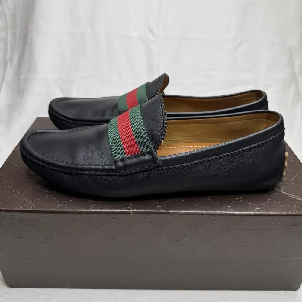 Men's GUCCI 'Miro' Web Black Leather Loafers Size US 8 - G GUCCI Driving